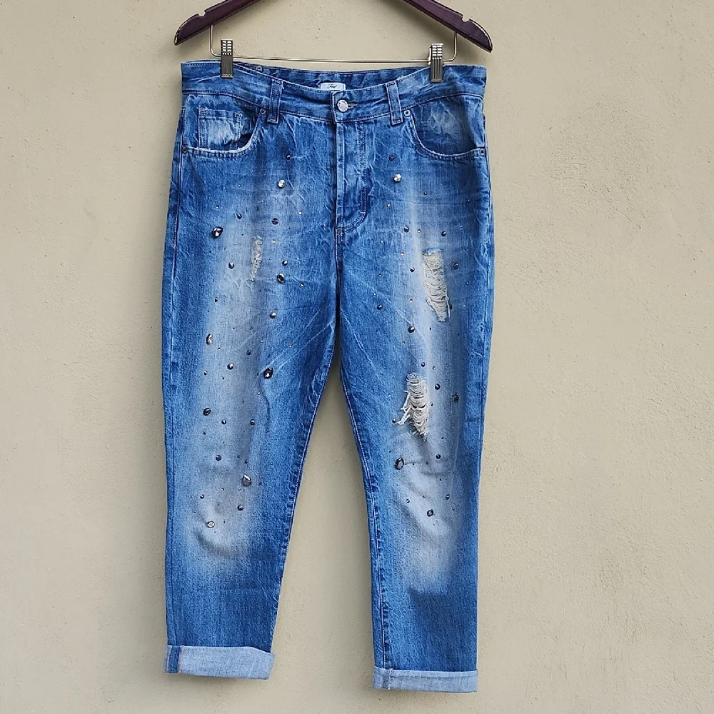 Vtg Made In Italy Distressed Cropped Blue Jeans With Stone Adornments - Picture 1 of 12